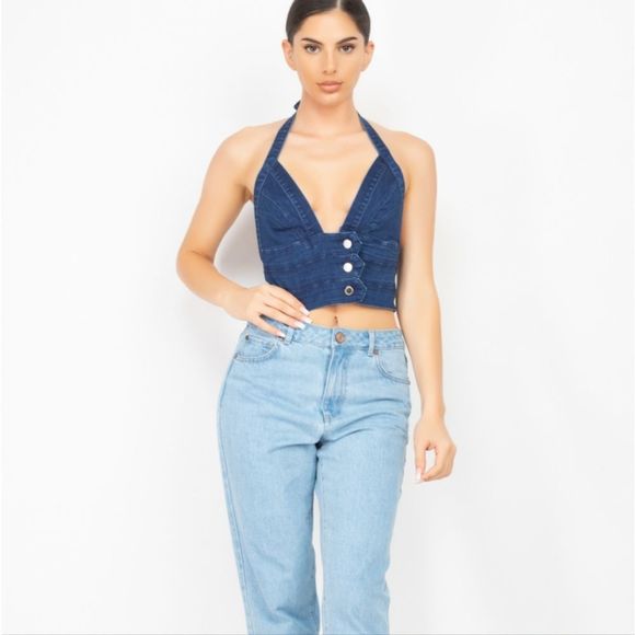 Denim halter neck seamed top - Picture 2 of 6